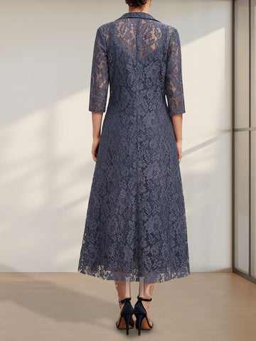 A-line V-Neck Tea-Length Chiffon Mother of the Bride Dress