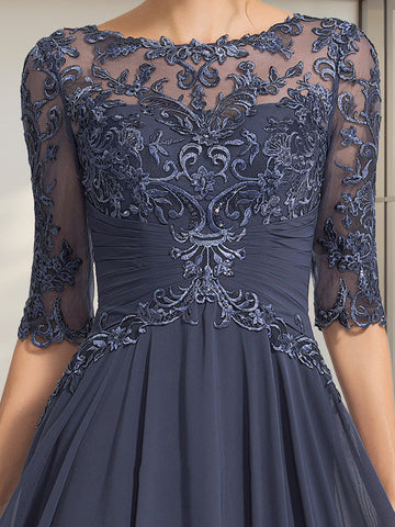 A-line Scoop Illusion Floor-Length Chiffon Lace Mother of the Bride Dress With Pleated Sequins