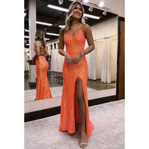 Vestido de fiesta de graduación con escote en V, tirantes finos, espalda descubierta y abertura lateral