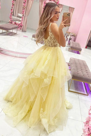 A Line Deep V Neck Yellow Long Prom Dress with Appliques