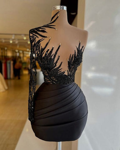 Robe de soirée courte noire, robe de cocktail, robe de soirée perlée, robe de bal de fin d'année Y23