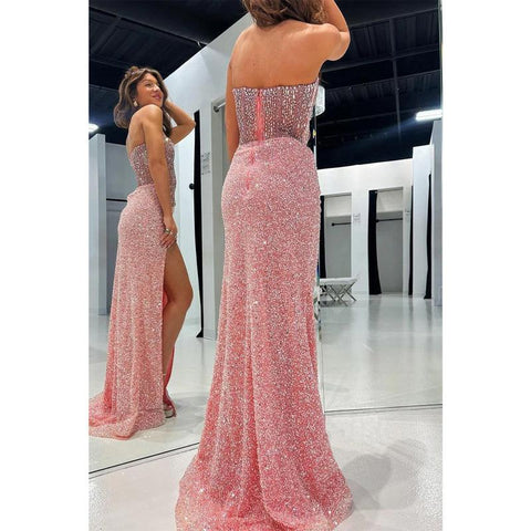 Vestido de fiesta de graduación con escote en forma de corazón, cuentas brillantes y abertura lateral 