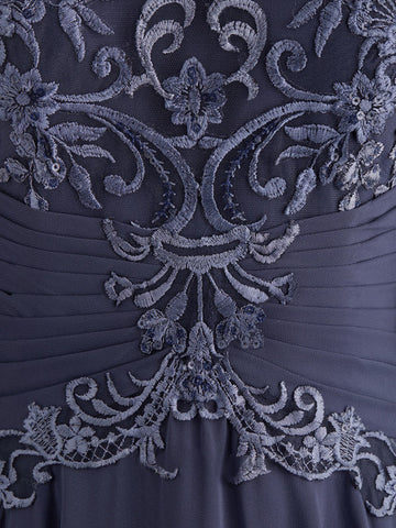 A-line Scoop Illusion Floor-Length Chiffon Lace Mother of the Bride Dress With Pleated Sequins