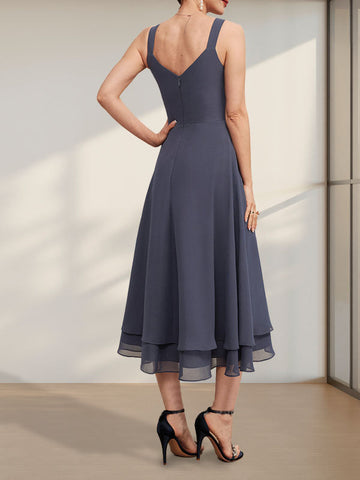 A-line V-Neck Tea-Length Chiffon Mother of the Bride Dress
