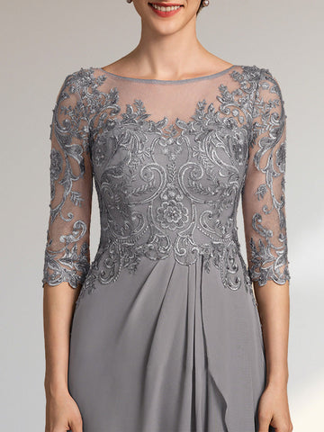 A-line Scoop Illusion Floor-Length Chiffon Lace Mother of the Bride Dress With Beading Sequins Cascading Ruffles