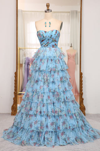 Charming A Line Off the Shoulder Blue Printed Long Prom Dress with Ruffles