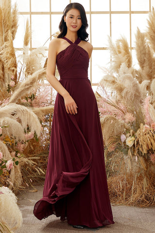 Burgundy Halter Chiffon Bridesmaid Dress