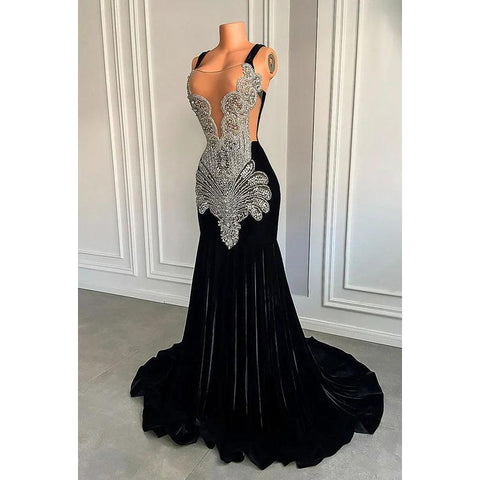 Vestido de fiesta de noche con escote en V, tirantes finos, volantes y pedrería, corte sirena/trompeta