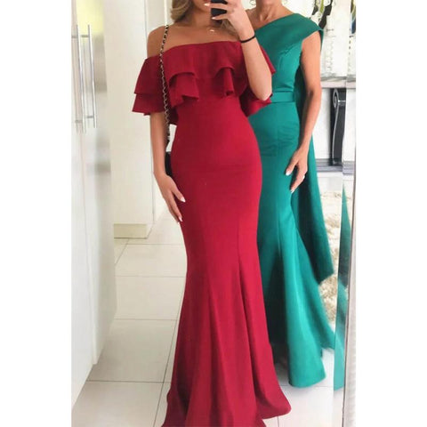 Vestido de noche formal de sirena con abertura alta y hombros descubiertos en satén azul real 