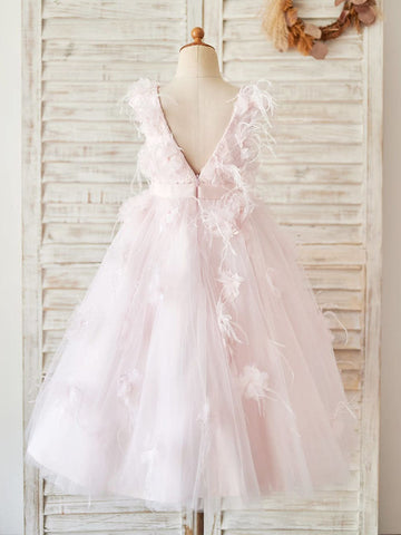 Ball-Gown/Princess Lace Tulle Tea-length Flower Girl Dress