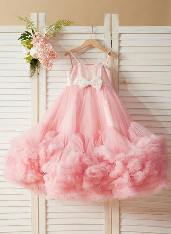 A-line Tulle Floor-length Pink Flower Girl Dress