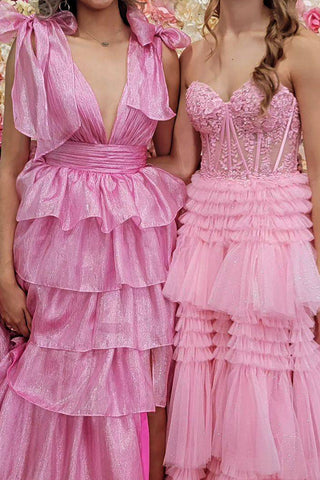 Princess A Line Deep V Neck Long Prom Dress with Ruffles