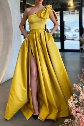 A Line One Shoulder Yellow Long Prom Dress with Split Front