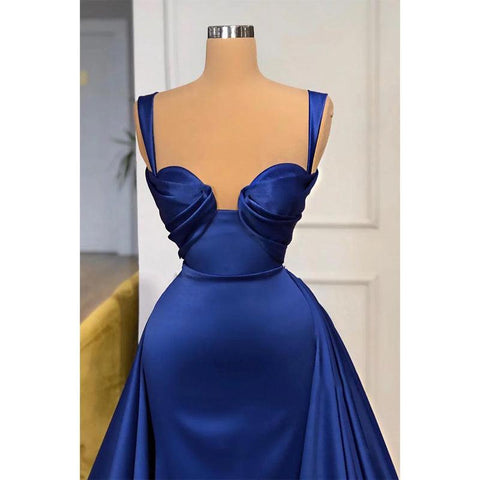 Vestido de noche formal largo de corte A con pliegues y tirantes dobles 