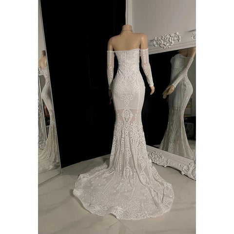 Vestido de fiesta formal de corte trompeta/sirena con hombros descubiertos, mangas largas y apliques de encaje