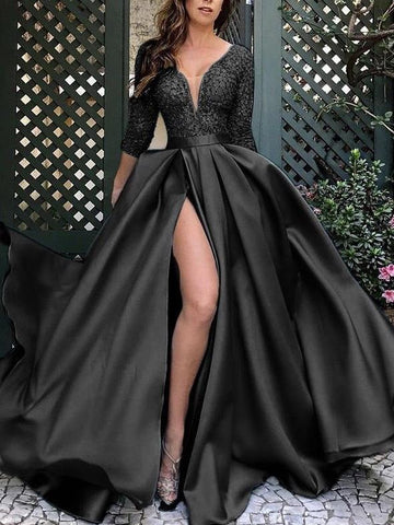 Robe de soirée bronzée à col en V et fente pour banquet 