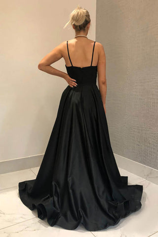 A Line Spaghetti Straps Black Long Prom Dress with Silt