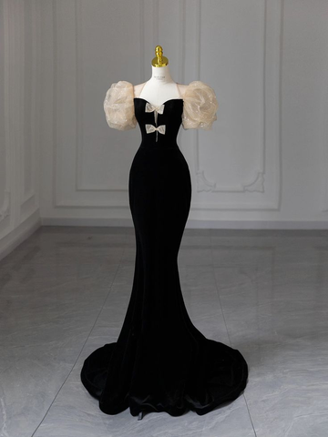 Vestido de noche elegante de sirena color burdeos con mangas abullonadas de terciopelo y lazo, modelo Y7674