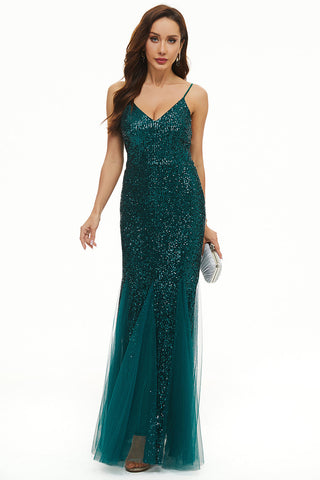 Robe de bal longue fourreau à fines bretelles et sequins noirs