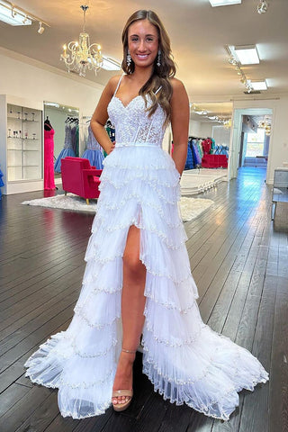 Princess A Line Spaghetti Straps White Corset Prom Dress with Appliques Ruffles