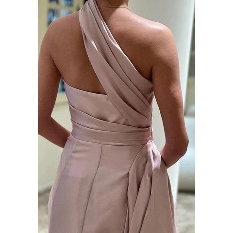 Sheath/Column One Shoulder Satin Pleats Sleeveless Party Dress