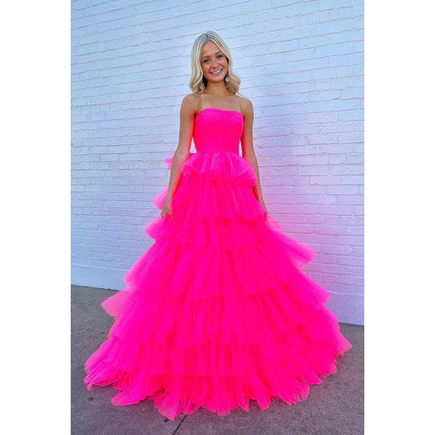 Vestido de fiesta largo de tul en forma de A, sin tirantes, color rosa intenso