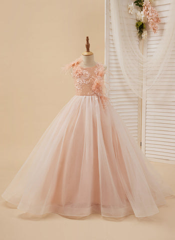 Ball-Gown/Princess Tulle Sweep Train Pink Flower Girl Dress
