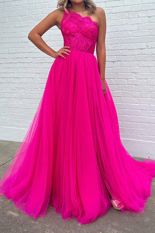 A Line One Shoulder Fuchsia Corset Prom Dress with Split Front