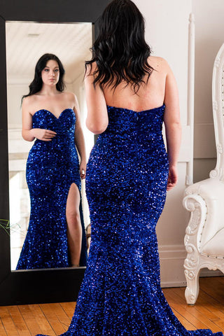 Robe de bal sirène à sequins bleu roi grande taille avec fente sur le devant