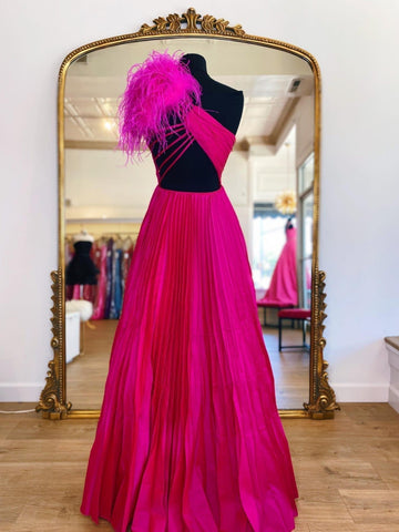 A Line Pleated One Shoulder Taffeta Prom Dress