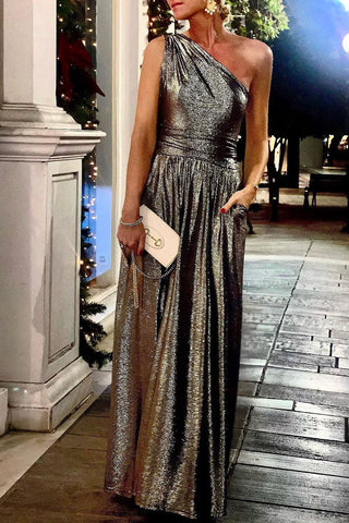 Vestidos de noche sexys, elegantes, de color bronce sólido, con lentejuelas y cuello oblicuo. 