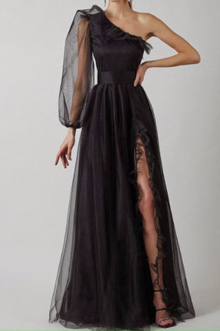 A Line One Shoulder Black Long Prom Dress with Long Sleeves