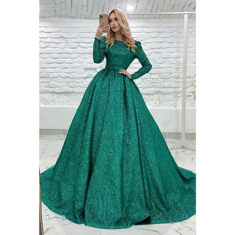 Robe de bal verte à manches longues et bijou unique, pailletée