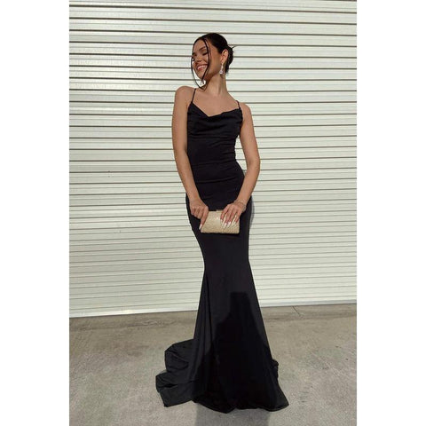 Vestido de fiesta sin mangas con cordones y tirantes de trompeta/sirena de satén