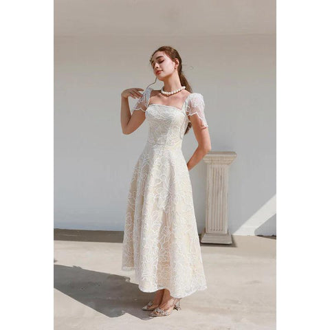 Vestido de fiesta de noche con escote cuadrado, mangas de copa, estampado de tul, corte A, largo hasta la rodilla