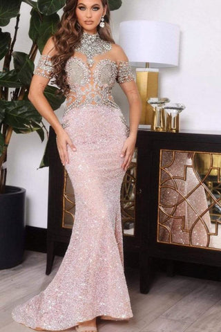 High Neck Mermaid Evening Dress Crystal Long Sequins