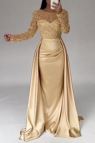 Long Sleeves Scoop Evening Dress Mermaid Overskirt With Sequins