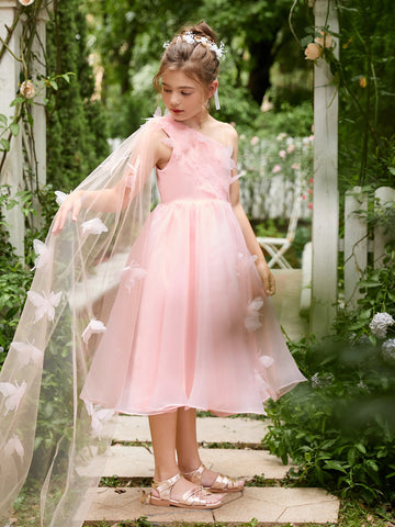 A-line Organza Tea-length Pink Dress (010220821)