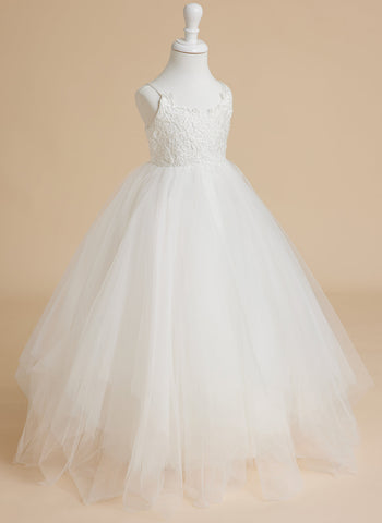 Ball-Gown/Princess Lace Tulle Floor-length White Dress (010145213)