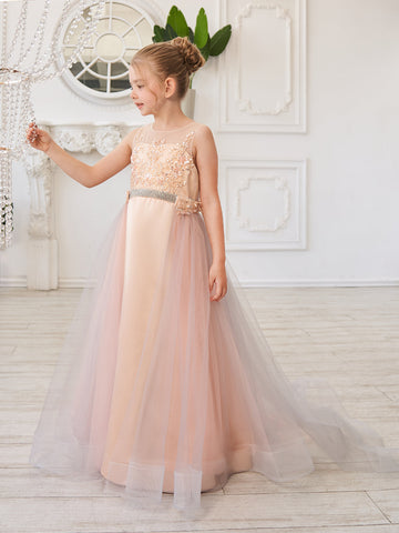 A-line Satin Tulle Sweep Train Champagne Dress (010226776)