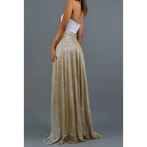 Robe de soirée longue trapèze à paillettes et bretelles en cœur