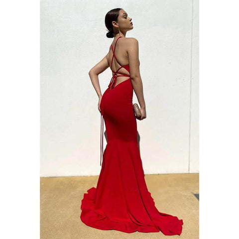 Vestido de fiesta de sirena con pliegues y escote en V profundo sexy 