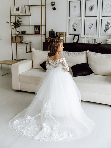 Romantic Long Sleeves Ivory Tulle Lace Appliques Flower Girl Dress