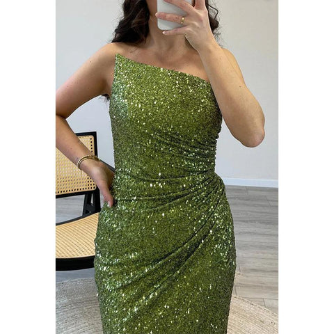 Robe de soirée longue à plis et paillettes, fourreau/colonne, sans bretelles 