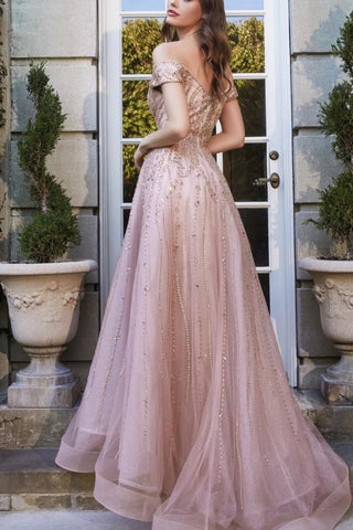 Long A-line Off-The-Shoulder Sweetheart Tulle Prom Dress With Beads