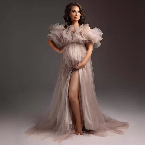 Pregnant women's portrait tulle dress one-shoulder off-the-shoulder split big belly evening dress