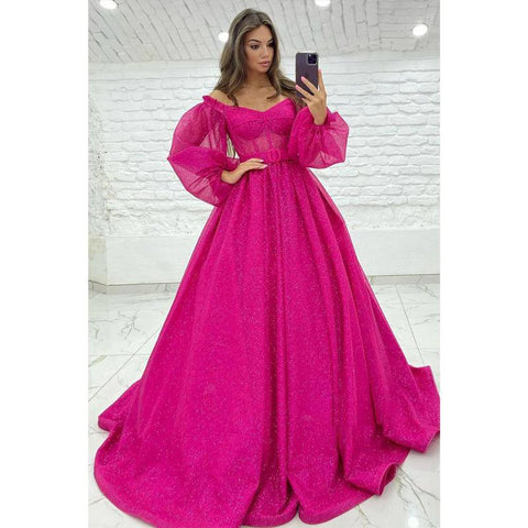 Robe de bal scintillante unique à épaules dénudées et manches mi-longues 