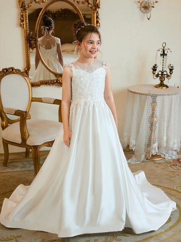 Ball-Gown/Princess Satin Sweep Train First Communion Flower Girl Dress
