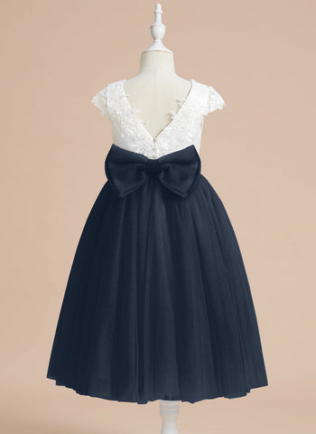 A-line Satin Tulle Tea-length First Communion Flower Girl Dress