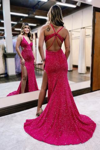 Robe de bal longue sirène à sequins fuchsia, col en V et dos nu